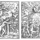 Two woodcuts from Hans Holbein’s Dance of Death. On the left, Adam and Eve are cast out from Eden. On the right is the Last Judgment.